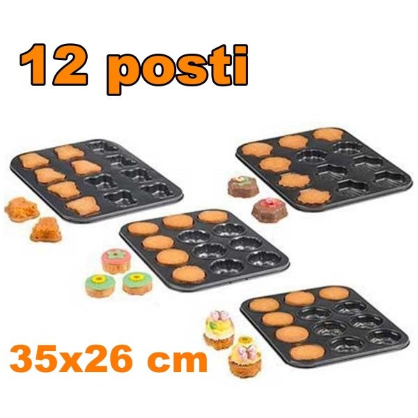 Trade Shop - Teglia Stampi Stampini Per Muffin 12 Posti Da Forno  Antiaderente 35x26 Cm