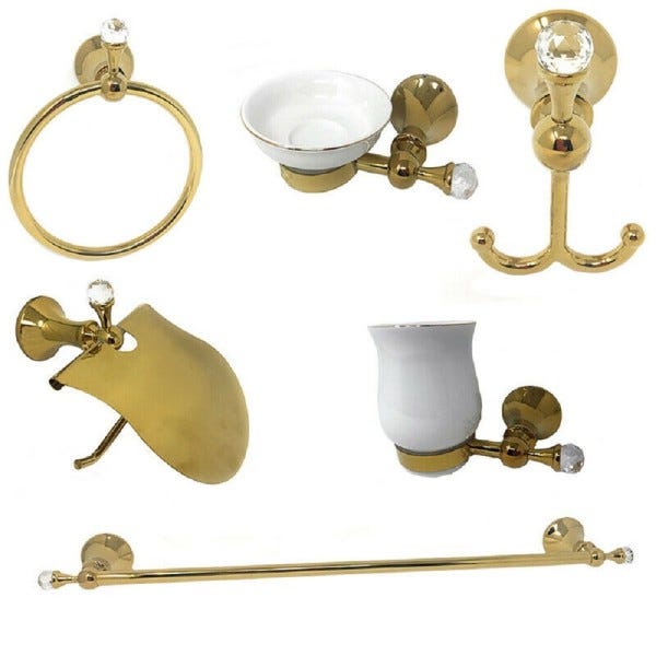 Trade Shop - Set 6 Accessori Da Bagno In Acciaio Oro E Ceramica Cristalli  In Acrilico 59238