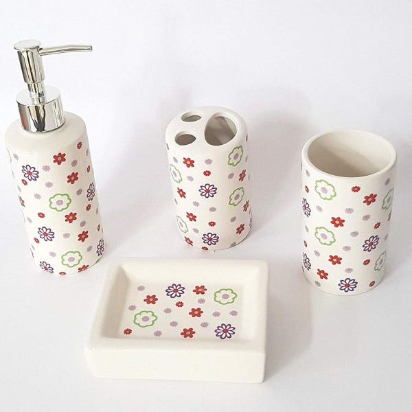 Trade Shop - Set 4 Pezzi Bagno Fiori Colorati 52100 Ceramica Dispenser  Sapone Spazzolini