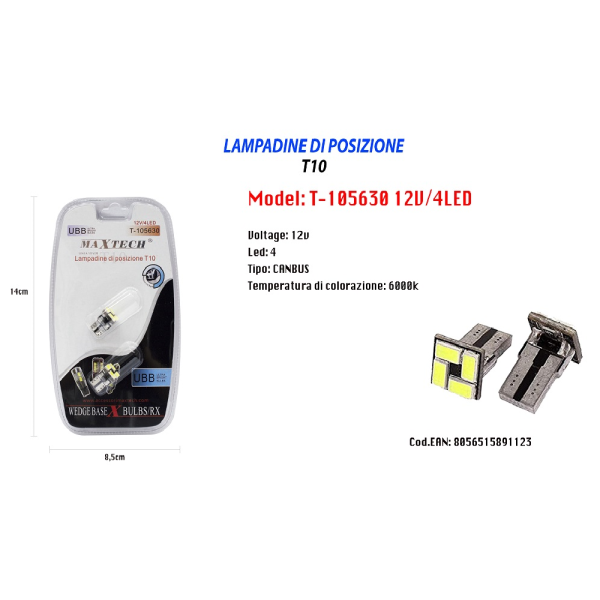 Trade Shop - Lampadine Di Posizione T10 Maxtech T-105630 12v 4led