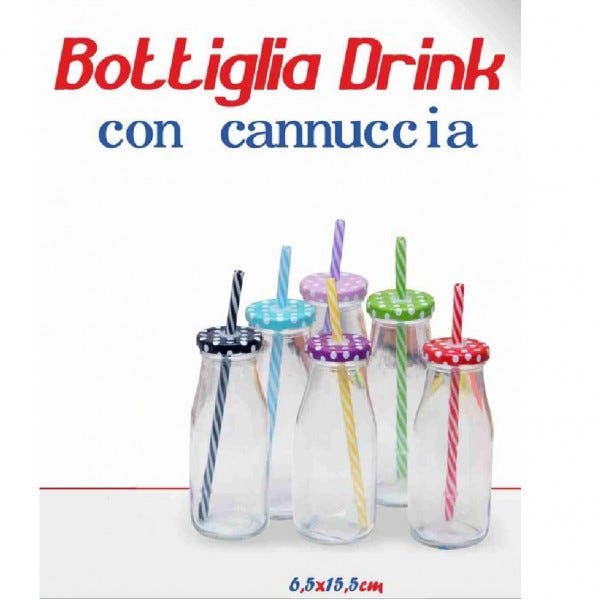 Trade Shop - Set 2 Pezzi Bottiglia Con Tappo Colorato Fantasia Bambini  Cannuccia Bibite Drink