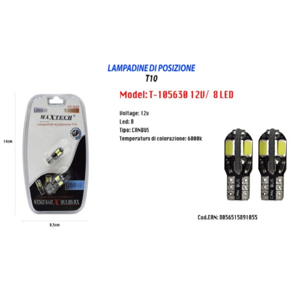 Trade Shop - Lampadine Di Posizione T10 Maxtech T-105630 12v 8 Led Lampadine  Ultra Luminose