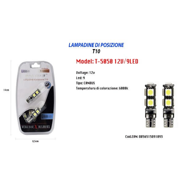 Trade Shop - Lampadine Di Posizione T10 Maxtech T-105050 12v 9led Canbus  Ultra Luminose 6000k