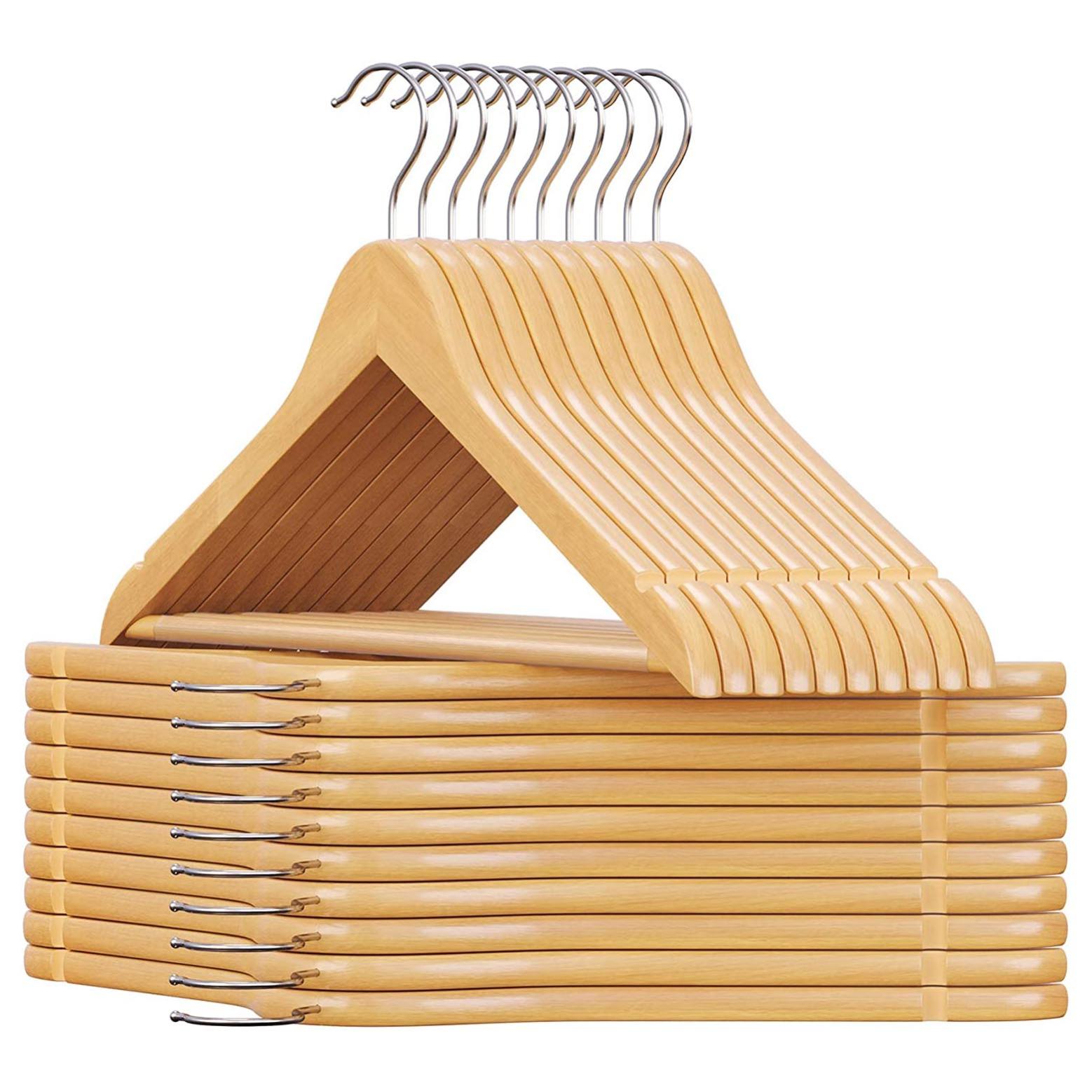 Set Di 10 Grucce In Legno HANGERWORLD – 45 Cm Con Barra Pantaloni Antiscivolo E Gancio Di Sicurezza In Metallo
