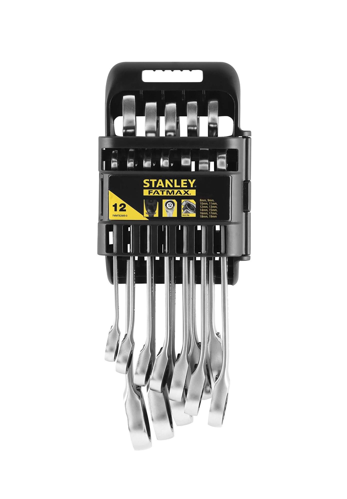 Set Stanley FatMax 12 Chiavi Combinate A Cricchetto - Misure Da 8 A 19 Mm, Bocca Anti-Scivolo, Finitura Cromata