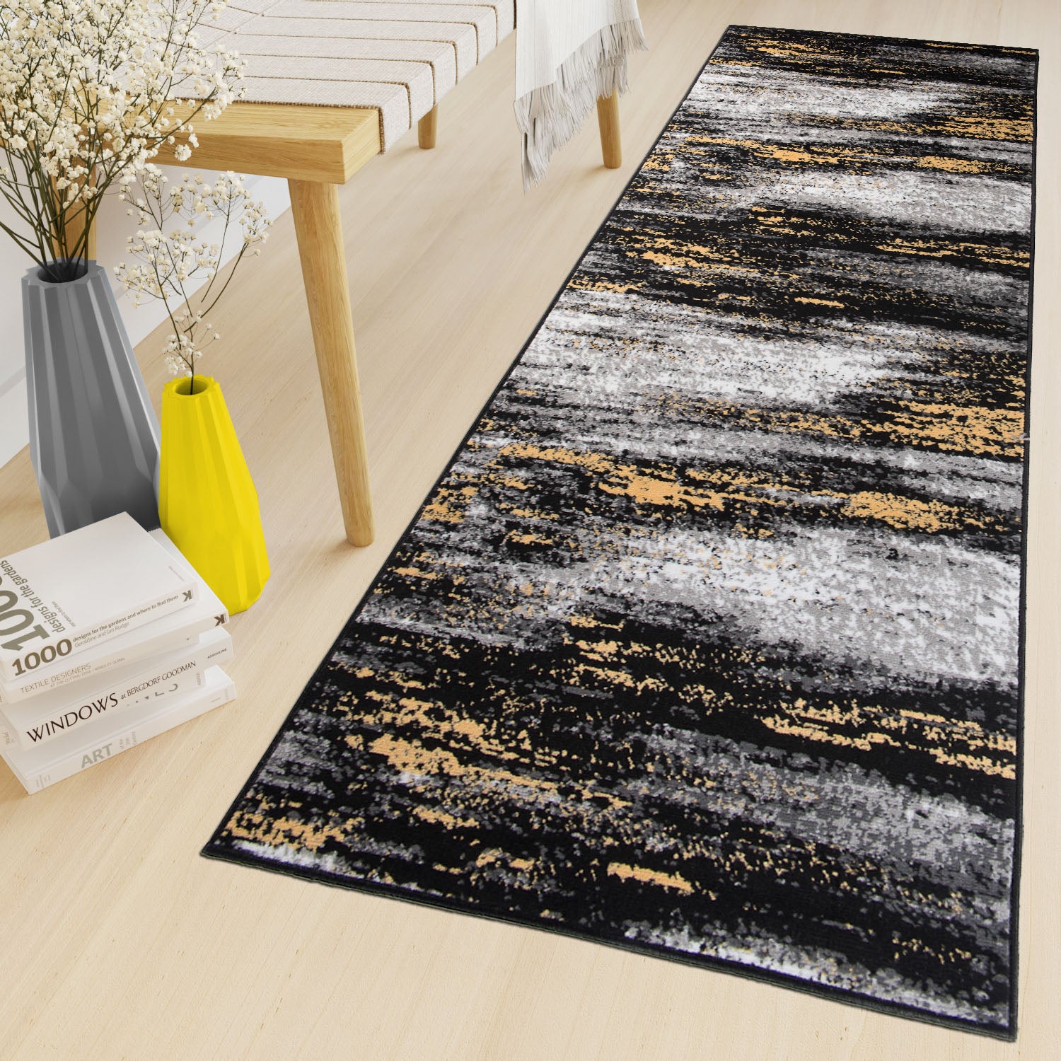 Tapiso maya alfombra de pasillo entrada moderno amarillo gris negro moteado delgada pelo corto 70 x 930 cm