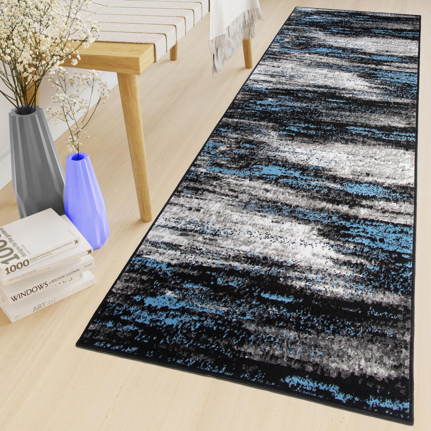 Tapiso maya alfombra de pasillo entrada moderno azul gris negro moteado delgada pelo corto 80 x 870 cm
