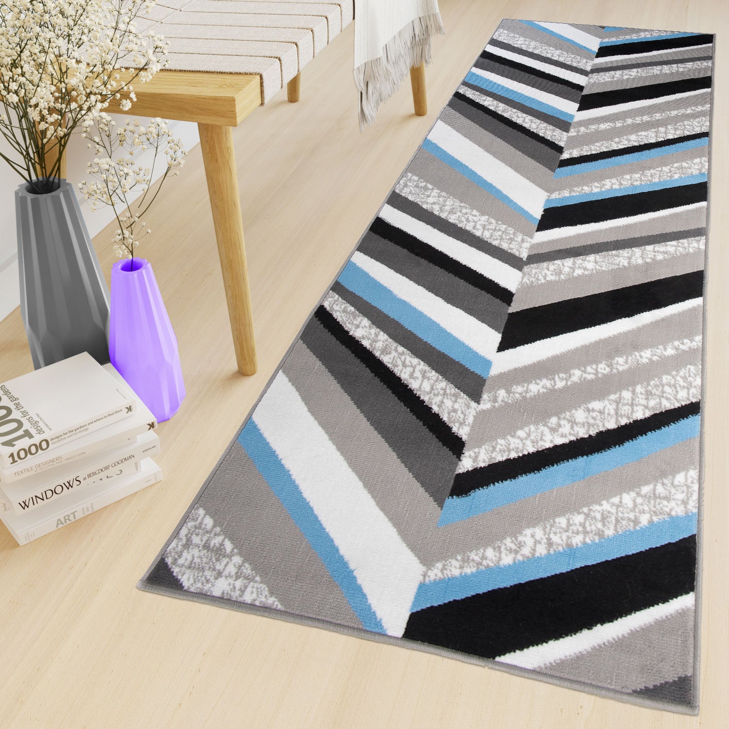 Tapiso maya alfombra de pasillo entrada moderno azul gris negro blanco geométrico rayas delgada 70 x 210 cm
