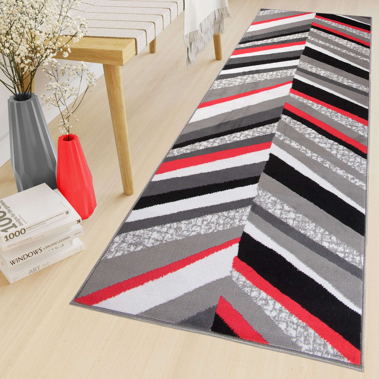 Tapiso maya alfombra de pasillo entrada moderno rojo gris negro blanco geométrico rayas delgada 80 x 160 cm
