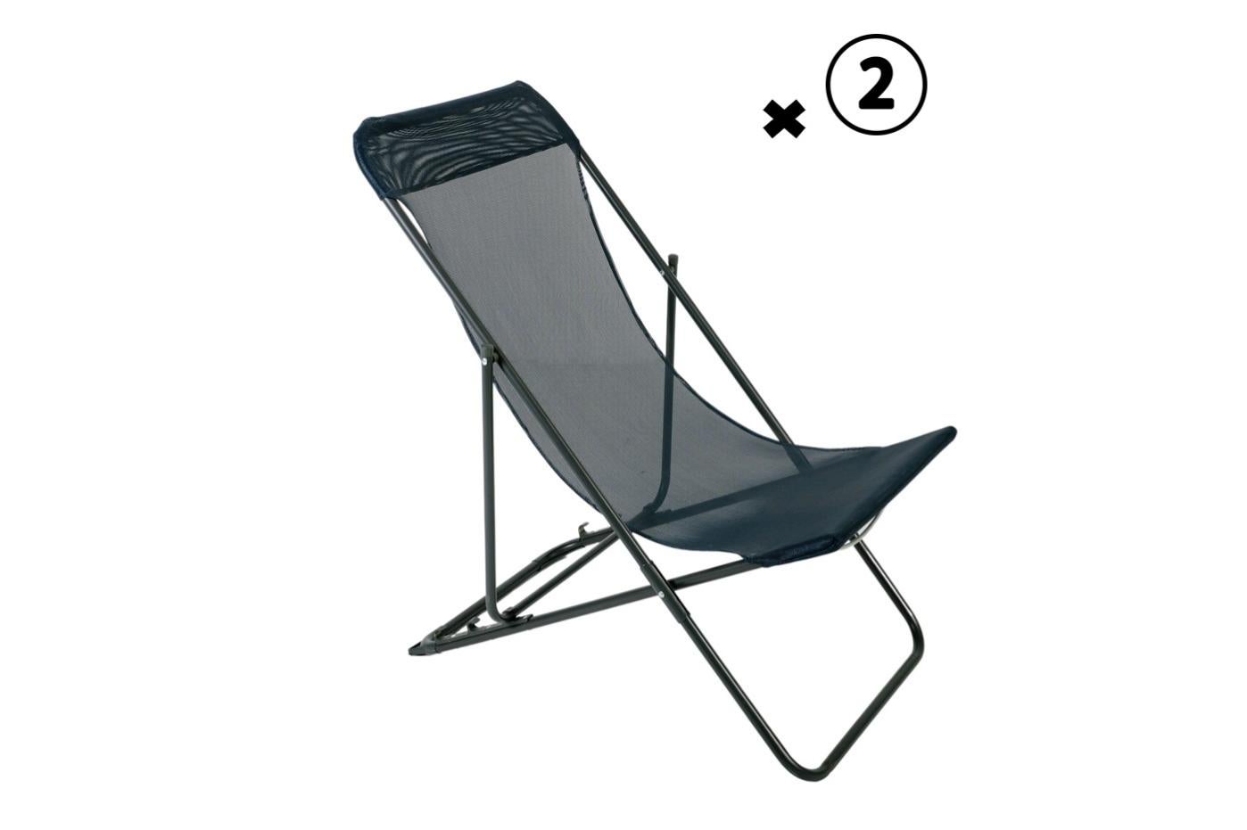 IDMarket Lot De 2 Chiliennes Lota En Acier Et Toile Textilène Bleu Canard - Chaises Longues Pliantes