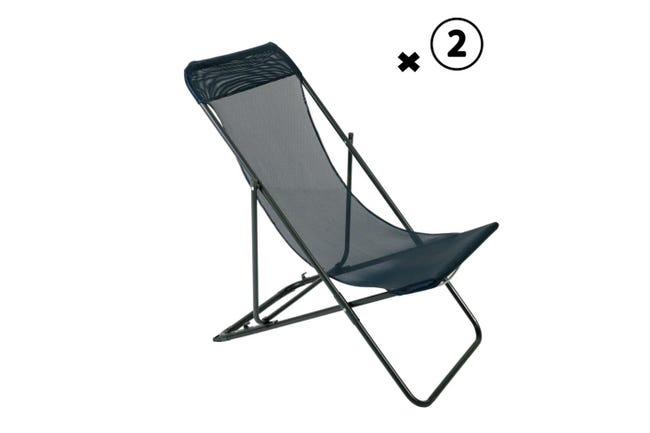 IDMarket Lot De 2 Chiliennes Lota En Acier Et Toile Textilène Bleu Canard - Chaises Longues Pliantes