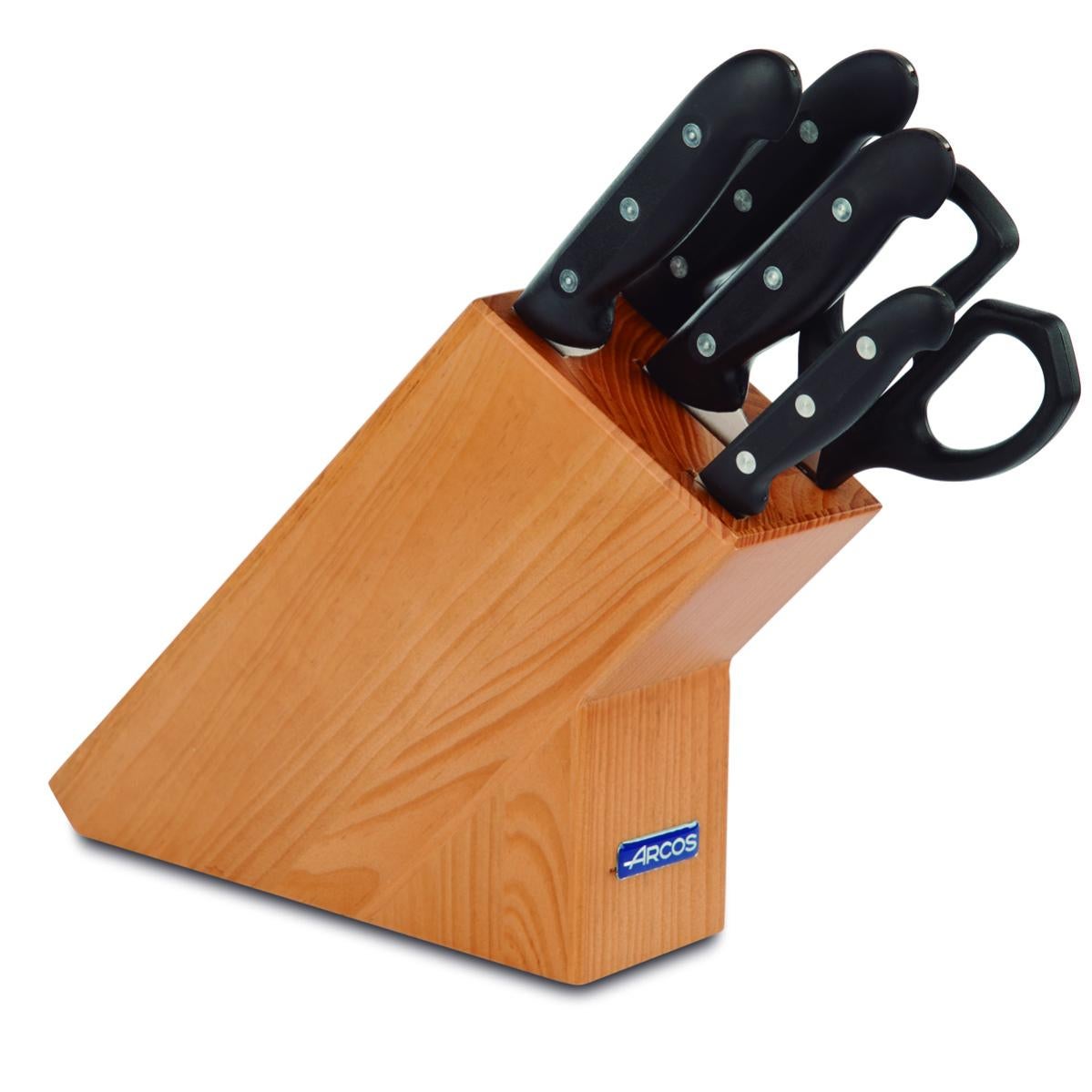 Set 5 Coltelli Da Cucina Arcos Nitrum – Blocco Porta Coltelli, Acciaio Inox, Manico Ergonomico POM, Lama Forgiata, Serie Maitre, Inclusi Forbici E Coltello Pane 210 Mm