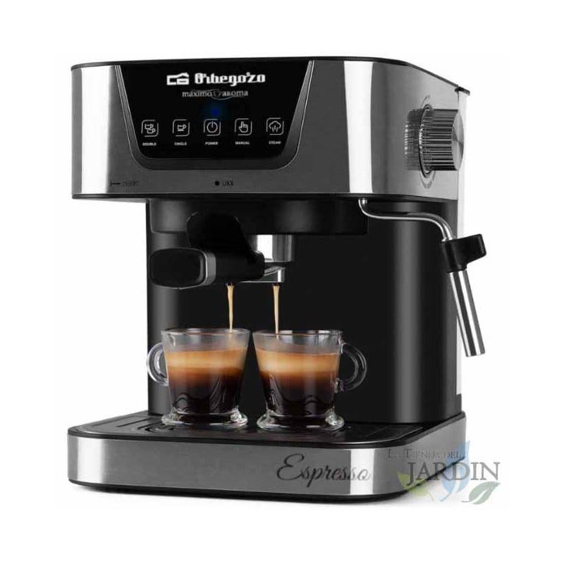Cafetera automática para espresso y cappucino Orbegozo 1050 W. Permite  utilizar tanto café molido como monodosis.
