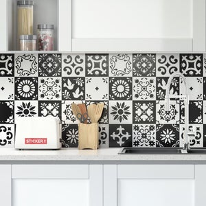 Sticker carrelage adhésif décoratif autocollant, imitation de carrelage aux  motifs palmes noires, x4, 20 cm X 20 cm