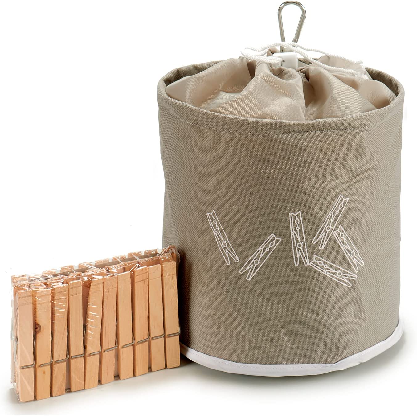 TIENDA EURASIA - Set de bolsa para pinzas ropa y 20 pinzas ropa de madera  con mosquetón para colgar, Ø18x18 cm