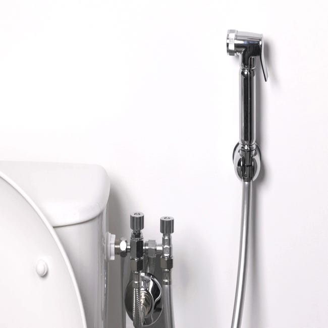 Kit Hygiène WC Douchette Laiton + Robinet 3 voies + Flexible + Support Mural  en Laiton
