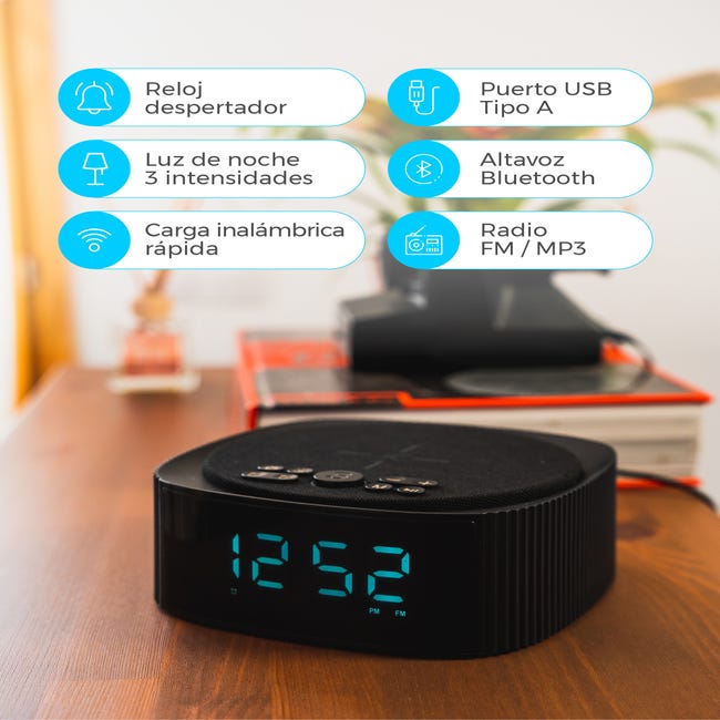 Radio Despertador Digital con Altavoz Bluetooth y Cargador Inalámbrico