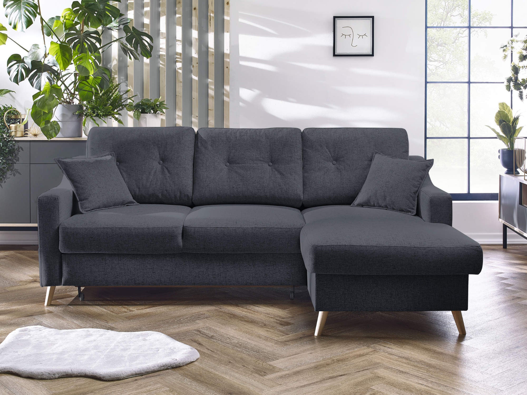 Canapé d'angle droit convertible - Scandinave - Tissu - Gris foncé ...