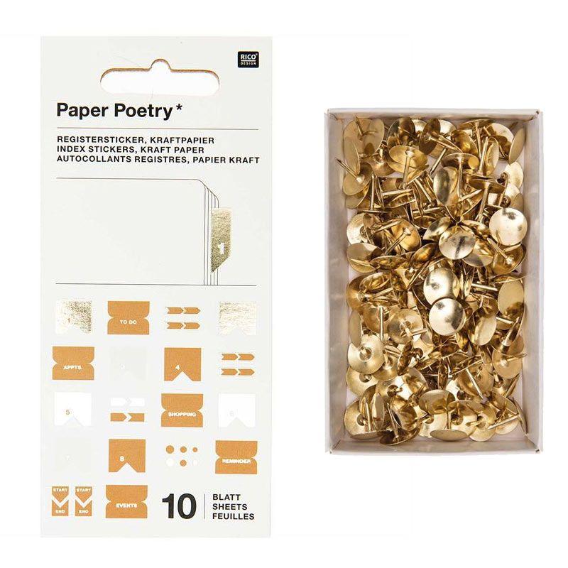 10 fogli di adesivi di registro di carta kraft + 150 puntine da disegno  dorate