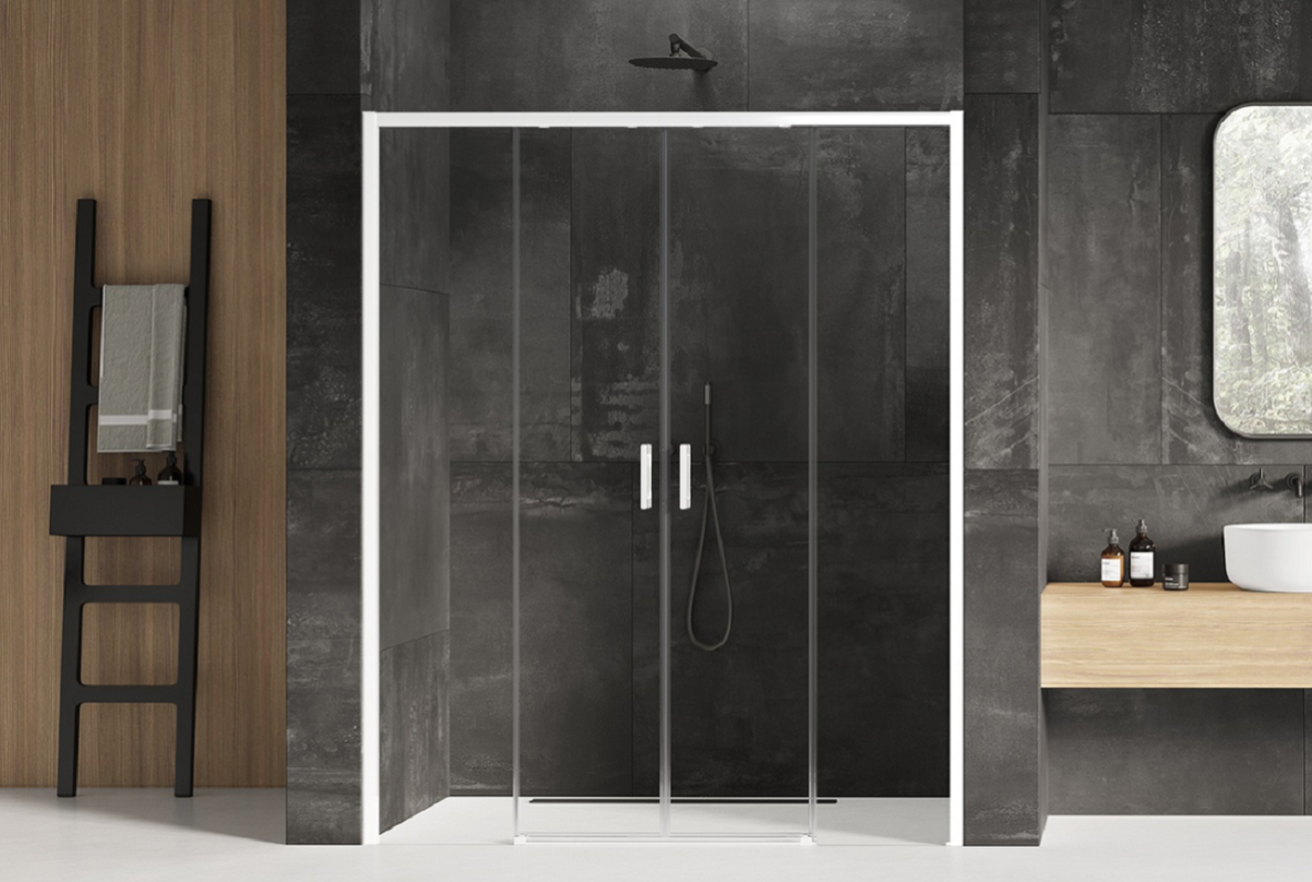 Porte de douche 180 cm coulissante blanche droite 4 volets MARTINIQUE