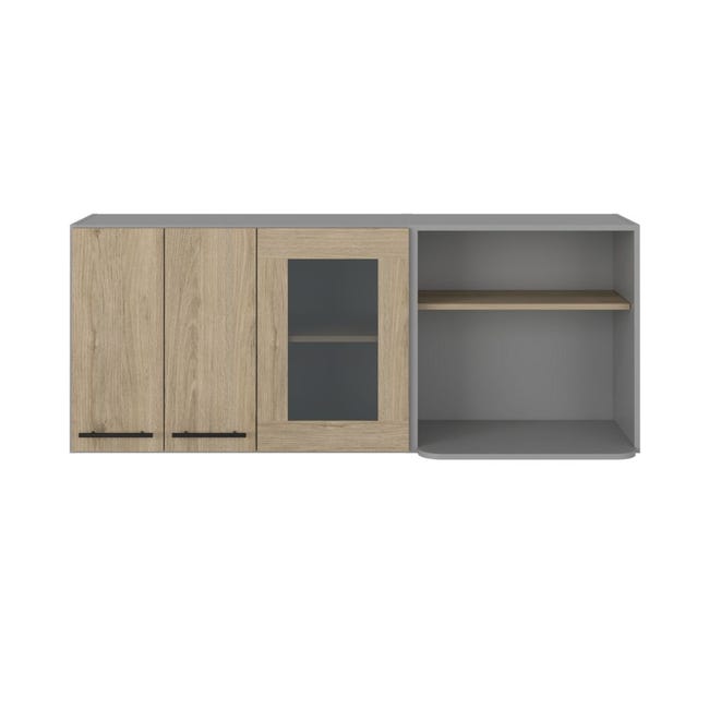Mueble de Pared Hasselt para cocina con gabinetes y estanterías interiores  Gris / Rovere