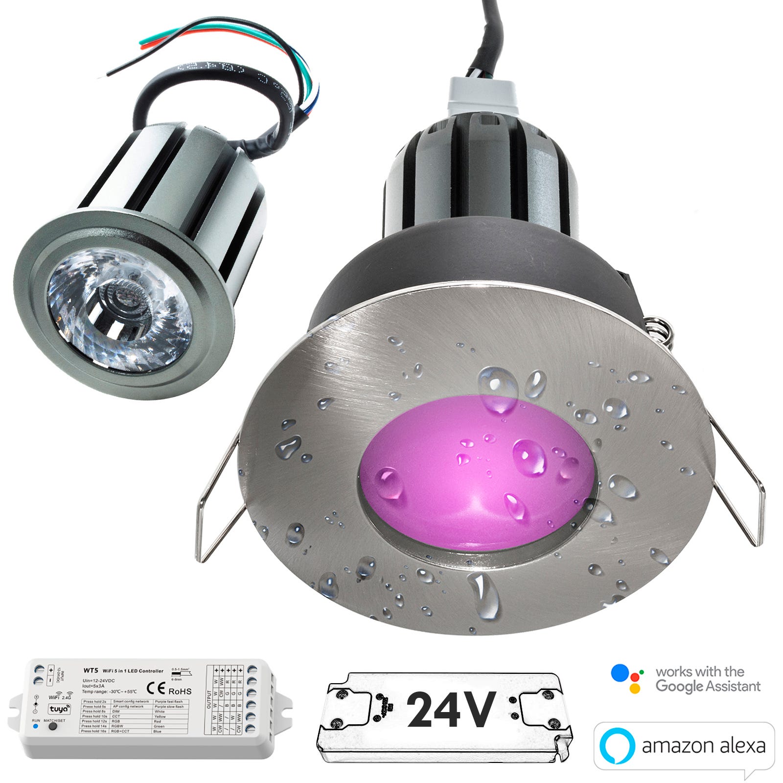 Spot encastrable, IP65, LED, adapté pour chromothérapie, pour cabine de  douche, salle de bain, RGB, 3W, 12V, alimentation Silver Spazzolato