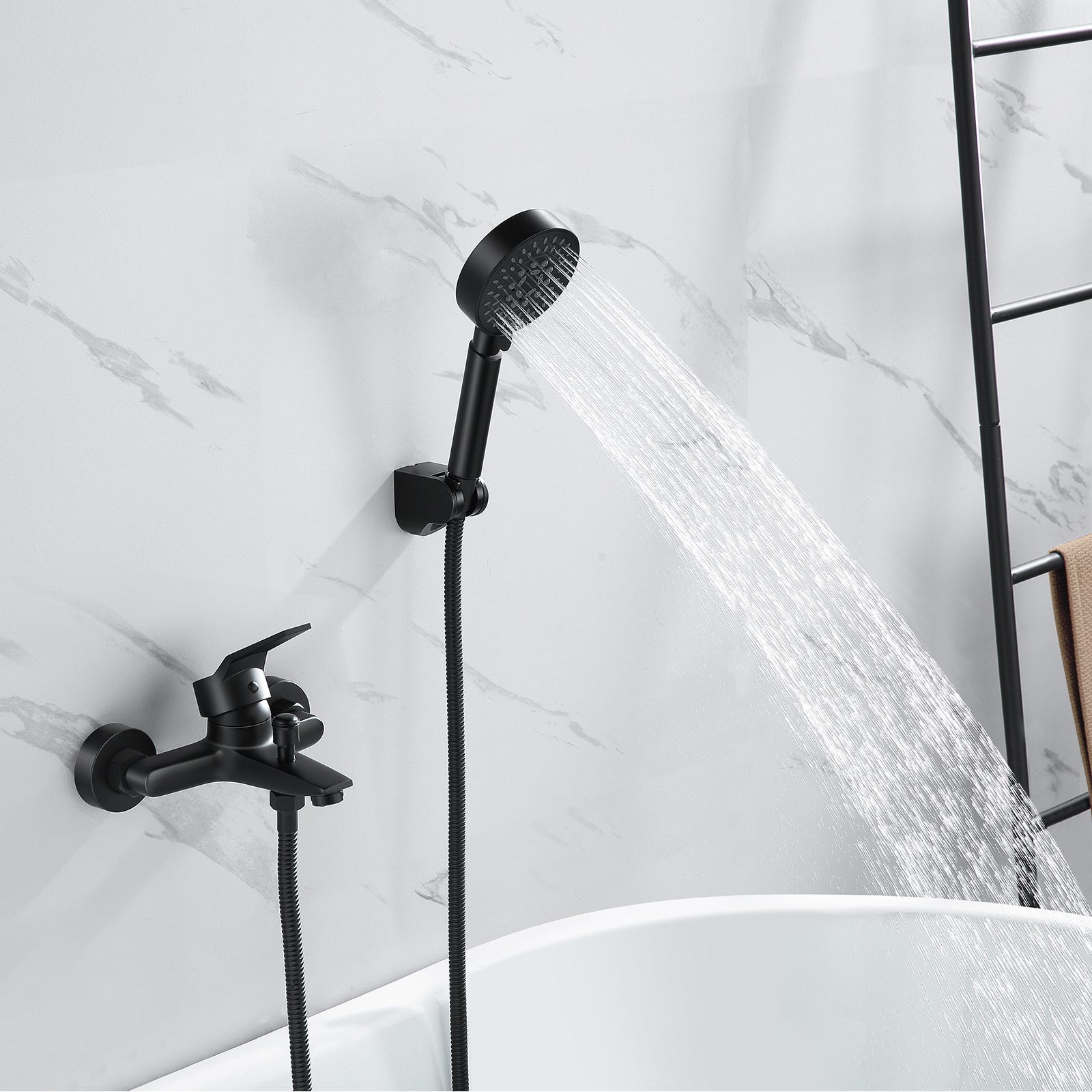 Robinet de baignoire Noir cascade poignée simple avec douchette