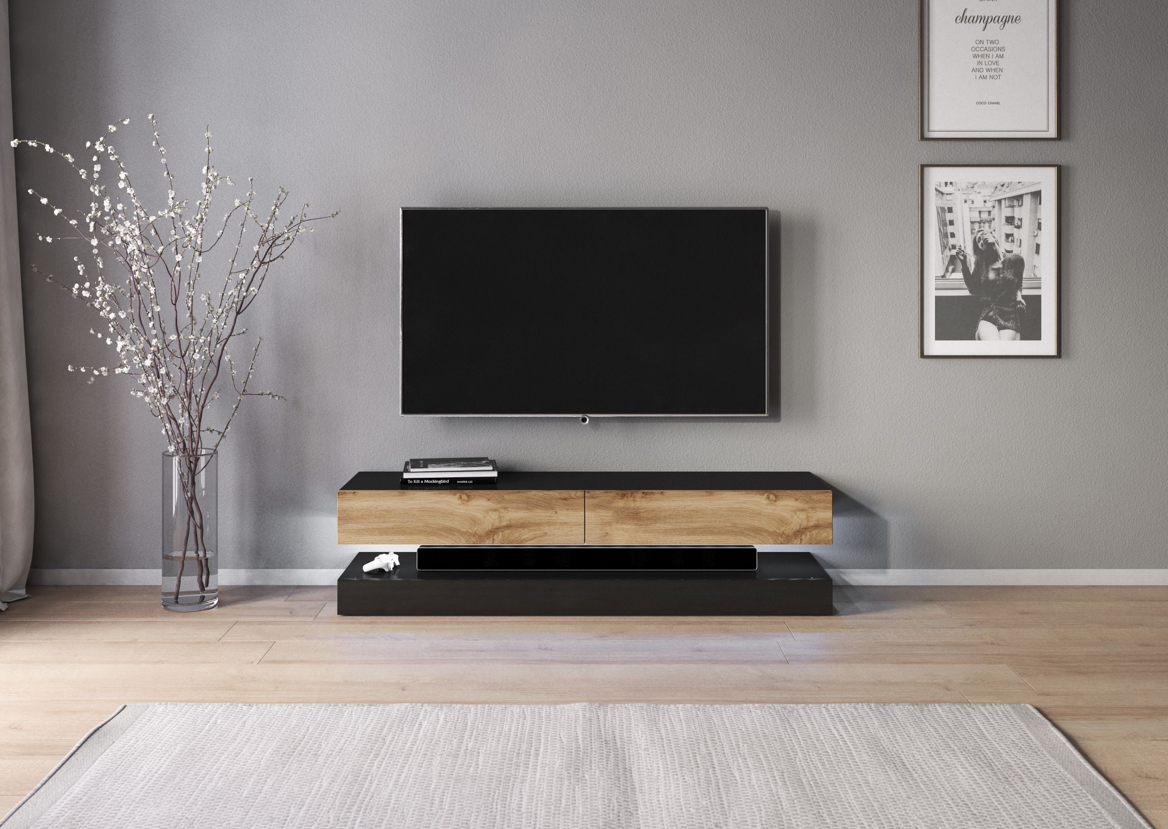 SIRHONA Meuble TV LED Noir, Banc TV 140x35x45cm, Éclairage LED RGB avec  Couleur réglable, Capacité de Charge 30 kg, Convient pour Salon ou Chambre
