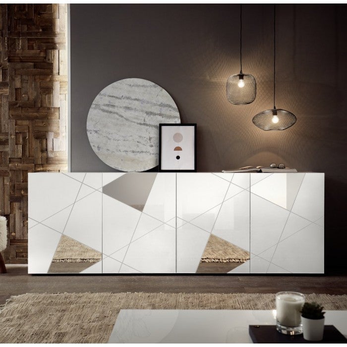 Stilprojectstore - Credenza soggiorno bianco lucido, 4 ante con inserto a specchio  L. 241 cm - Lisbona