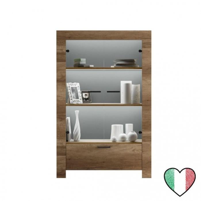 Credenza Moderna 2 Ante In Vetro E Legno 60x35x120 Cm – Marrone E Nero, Per Cucina E Soggiorno