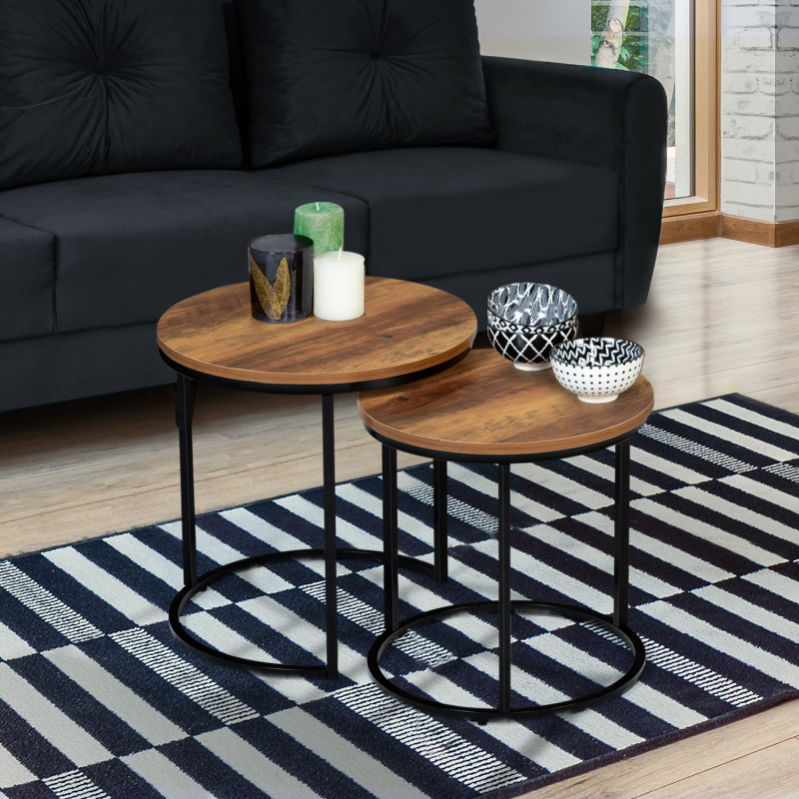 Lot de 2 tables basses gigognes HAWKINS rondes 40/45 bois foncé design industriel Leroy Merlin