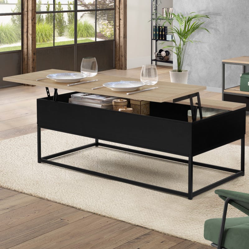 Table basse plateau relevable bois et noir avec pieds épingle
