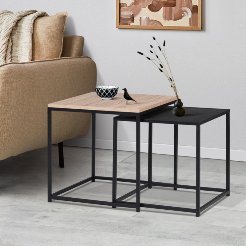 Lot de 2 tables basses gigognes DENTON 40/45 métal noir et bois design industriel Leroy Merlin