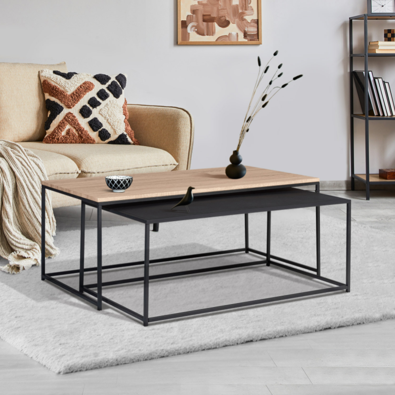 Lot de 2 tables basses gigognes DENTON 100/113 métal noir et bois design industriel Leroy Merlin
