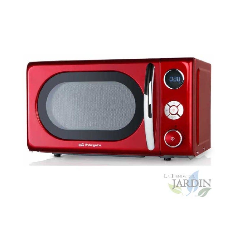 Micro-ondes Vintage Rouge 20 L Orbegozo, 700 W. Grill Quartz 900W. 10  niveaux de puissance. Minuterie NUMÉRIQUE 95 min.