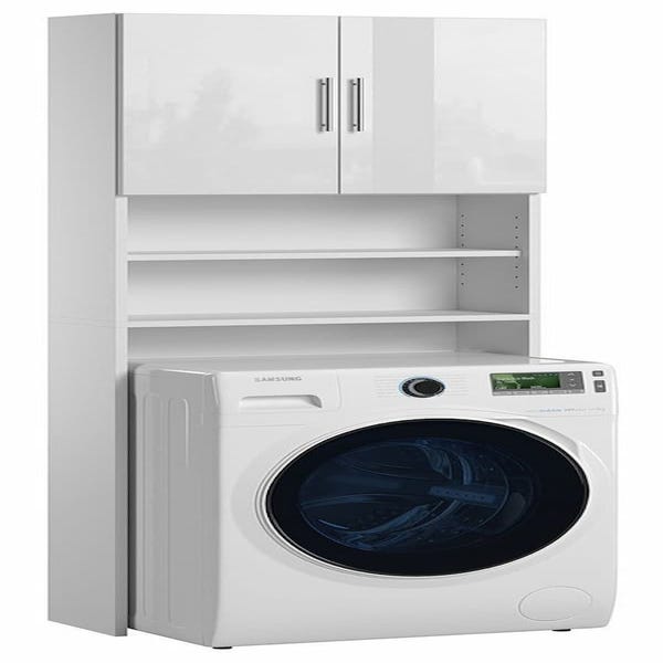 Meuble de rangement étagère pour machine à laver et sèche linge en hauteur  blanc brillant 64x25,5x190 cm - Meuble Lave Linge Sèche Linge