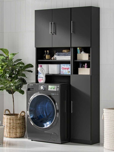 Meuble machine à laver noir mat ARIEL 190 x 64 x 25 cm avec étagères  amovibles et armoire