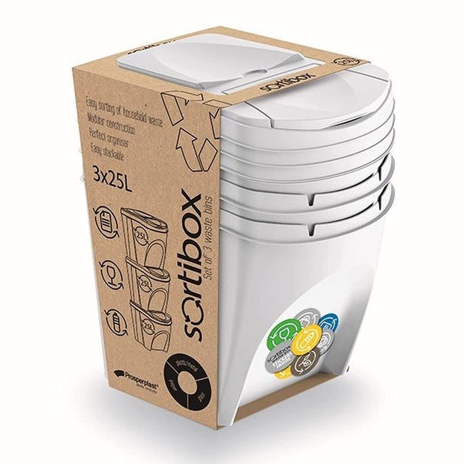 Cubo de basura para reciclaje plástico gris, Set 3 papeleras de reciclaje  75 Litros, 47,5 x 77 x 33 cm