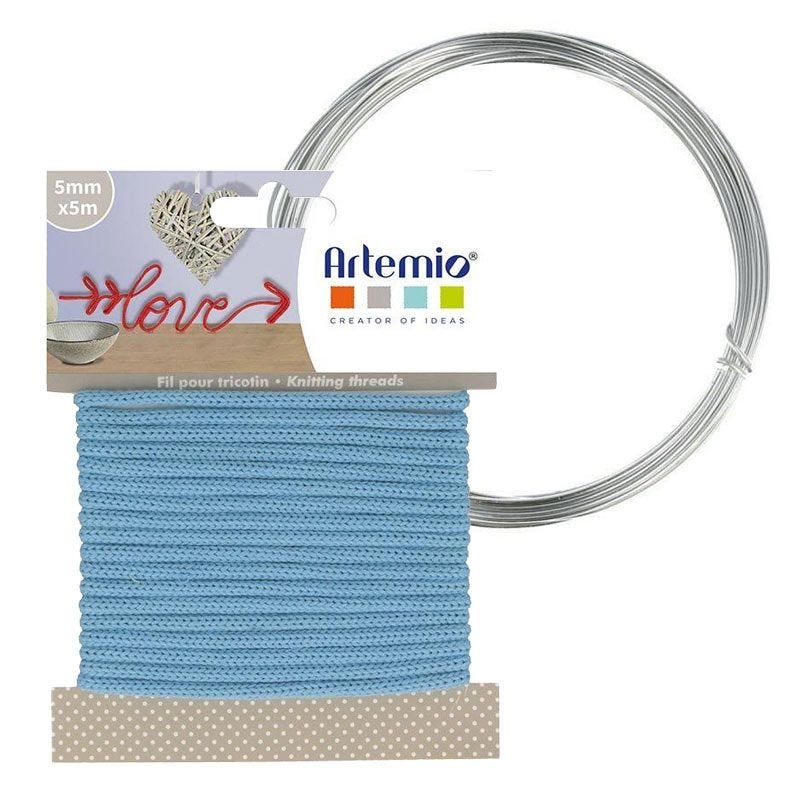 Fil à tricotin bleu ciel 5 mm x 5 m + fil d'aluminium - Artemio