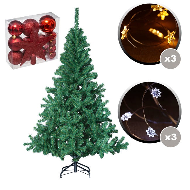 Árbol Navidad verde 150cm + 18 pz rojas decorativas + 6 guirnaldas de cobre  de 20 LED para interiores | Leroy Merlin