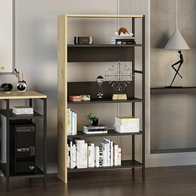 Libreria Industriale A 4 Ripiani 80x30x120 Cm - Scaffale Aperto In Legno Effetto Rovere Con Gambe Regolabili