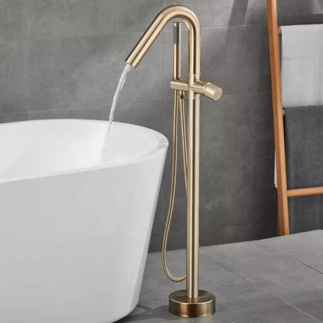 Grifo monomando de pie para bañera exenta, diseño oro cepillado