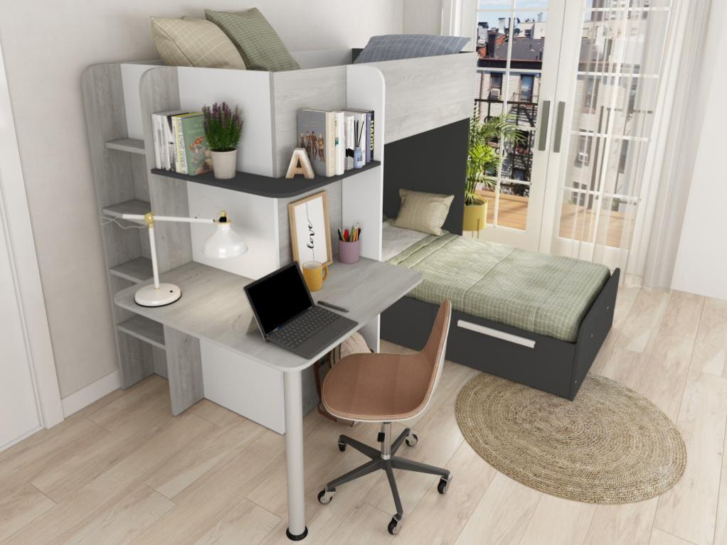 Vente-unique Letto A Castello ANTHONY Con Armadio E Letto Estraibile + 2 Materassi 90x190 Cm - Bianco E Rovere, Per Cameretta