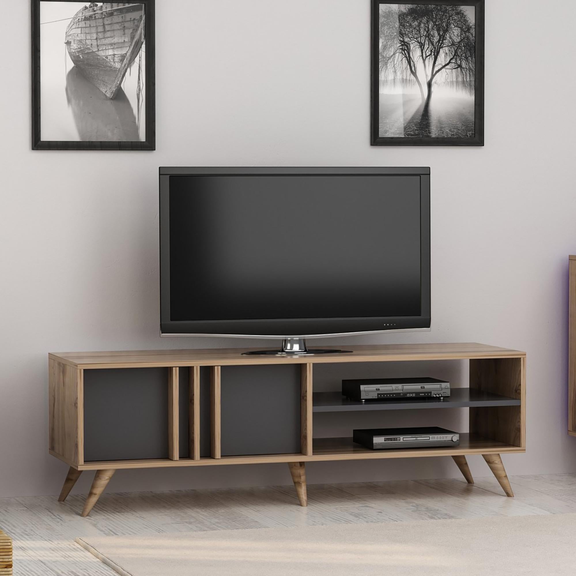 Mobile TV VidaXL Con Ante E Ripiani Aperti - Credenza Multimediale In MDF E Legno Di Paulonia - Grigio E Legno Naturale - 120x30x40 Cm