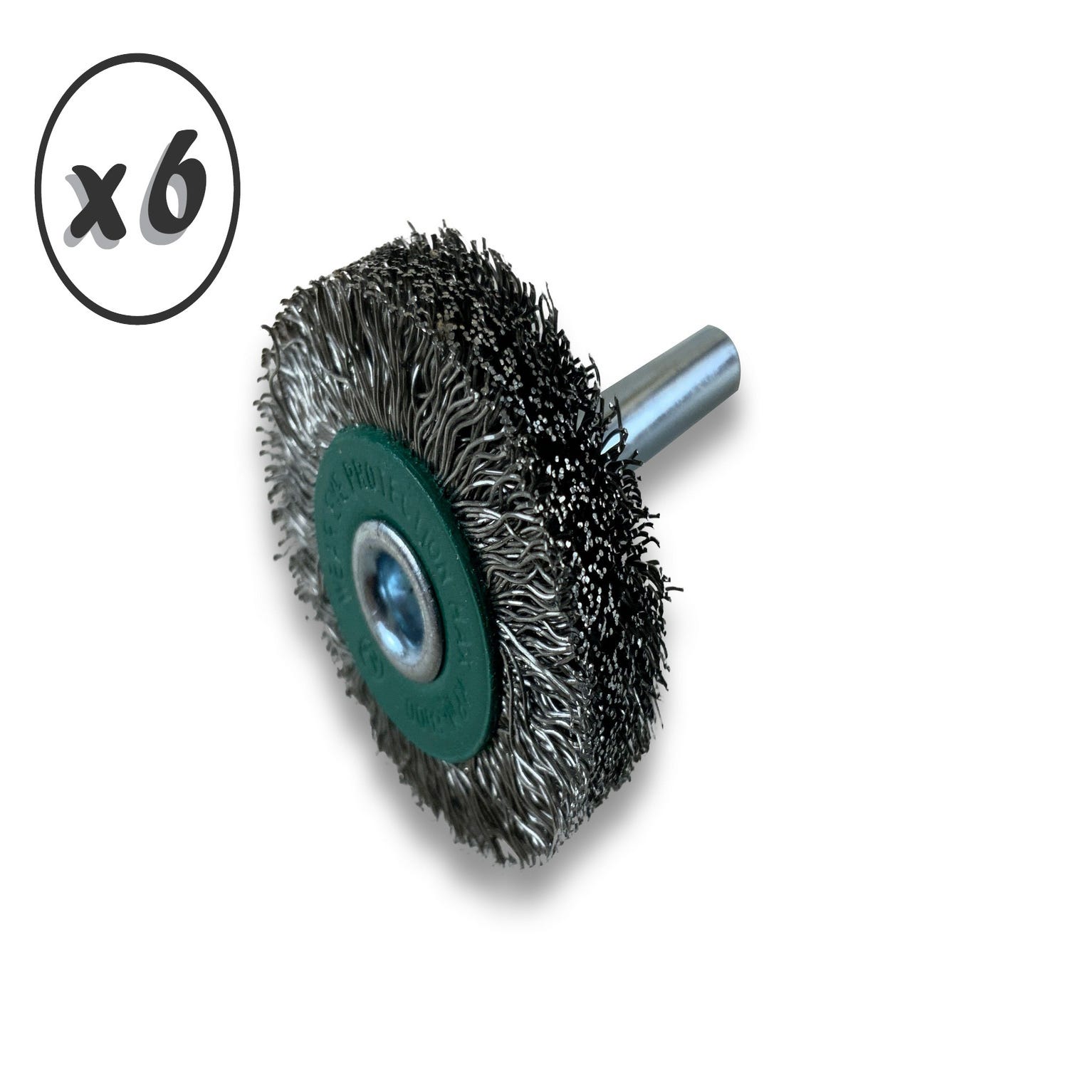 Lot de 6 brosses rotatives circulaires métalliques sur tige Ø 38 mm, Fil  inox dur Ø 0,30 mm, Epaisseur 12 mm, 2 rangs, Pour perceuse ou visseuse  à