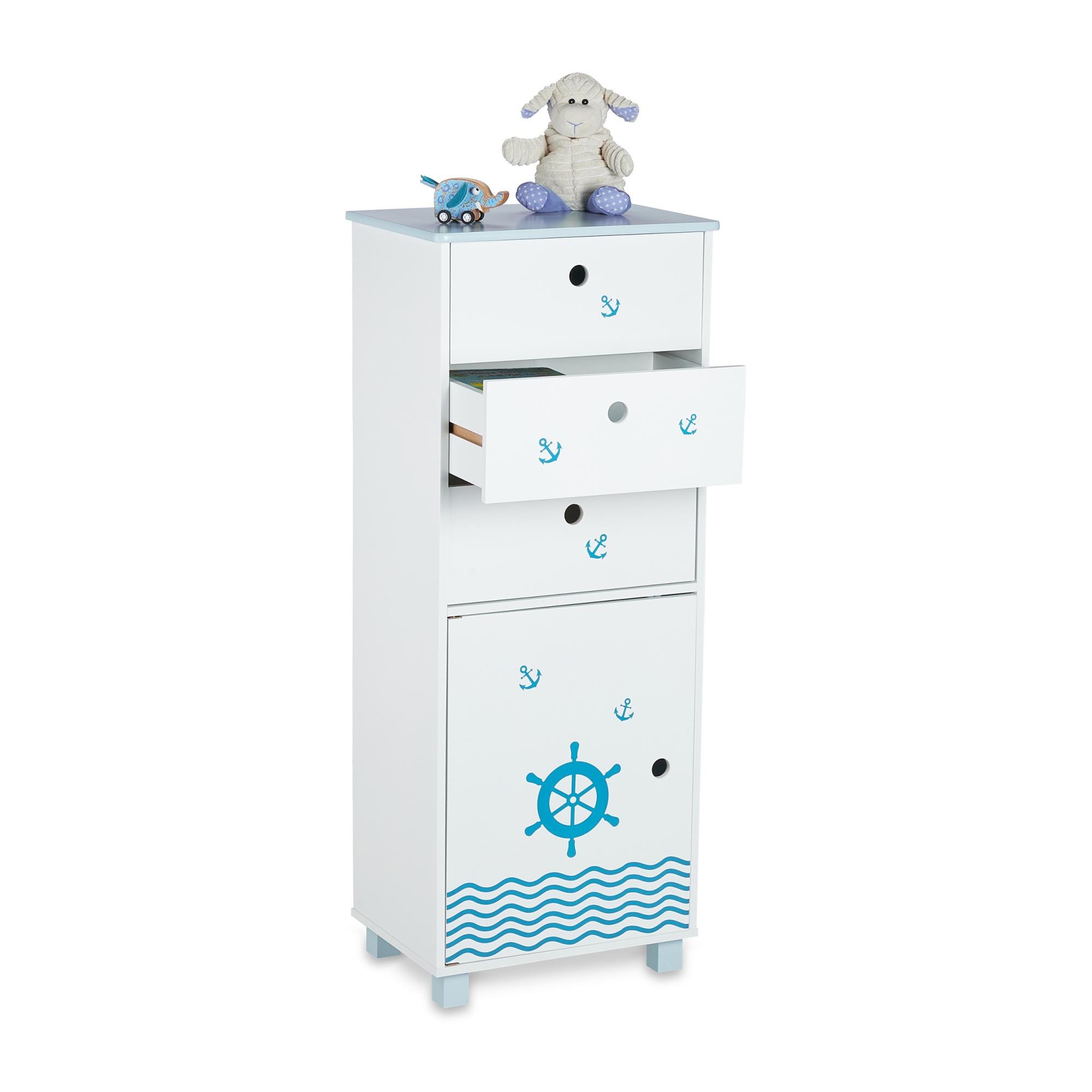 Cassettiera Bambini Relaxdays - 3 Cassetti + Anta, Design Mare, Bianco/Blu, 105x42x30 Cm - Foto 12