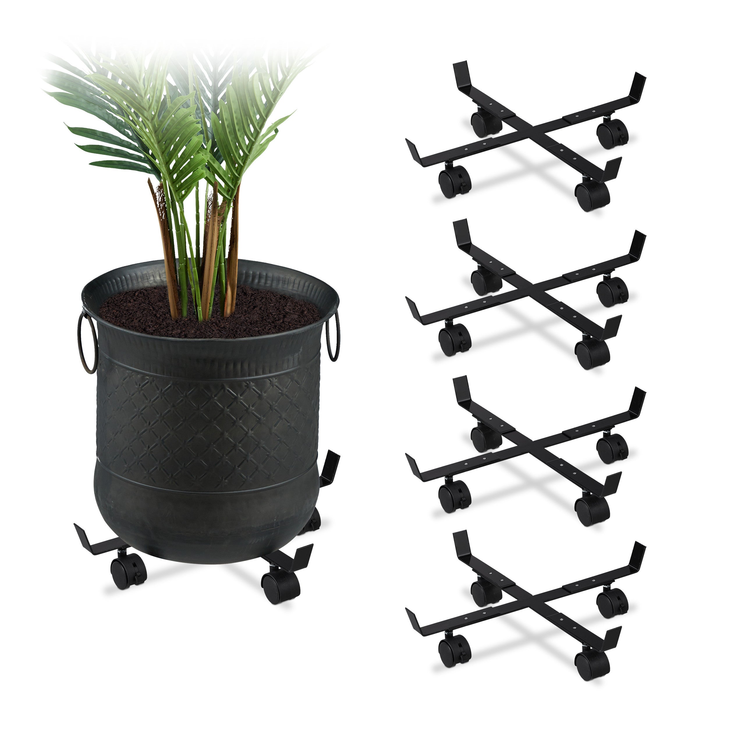 Relaxdays Support roulant plantes, lot de 5, intérieur et extérieur,  plateau pots de fleurs jusqu'à 42 cm, métal, noir