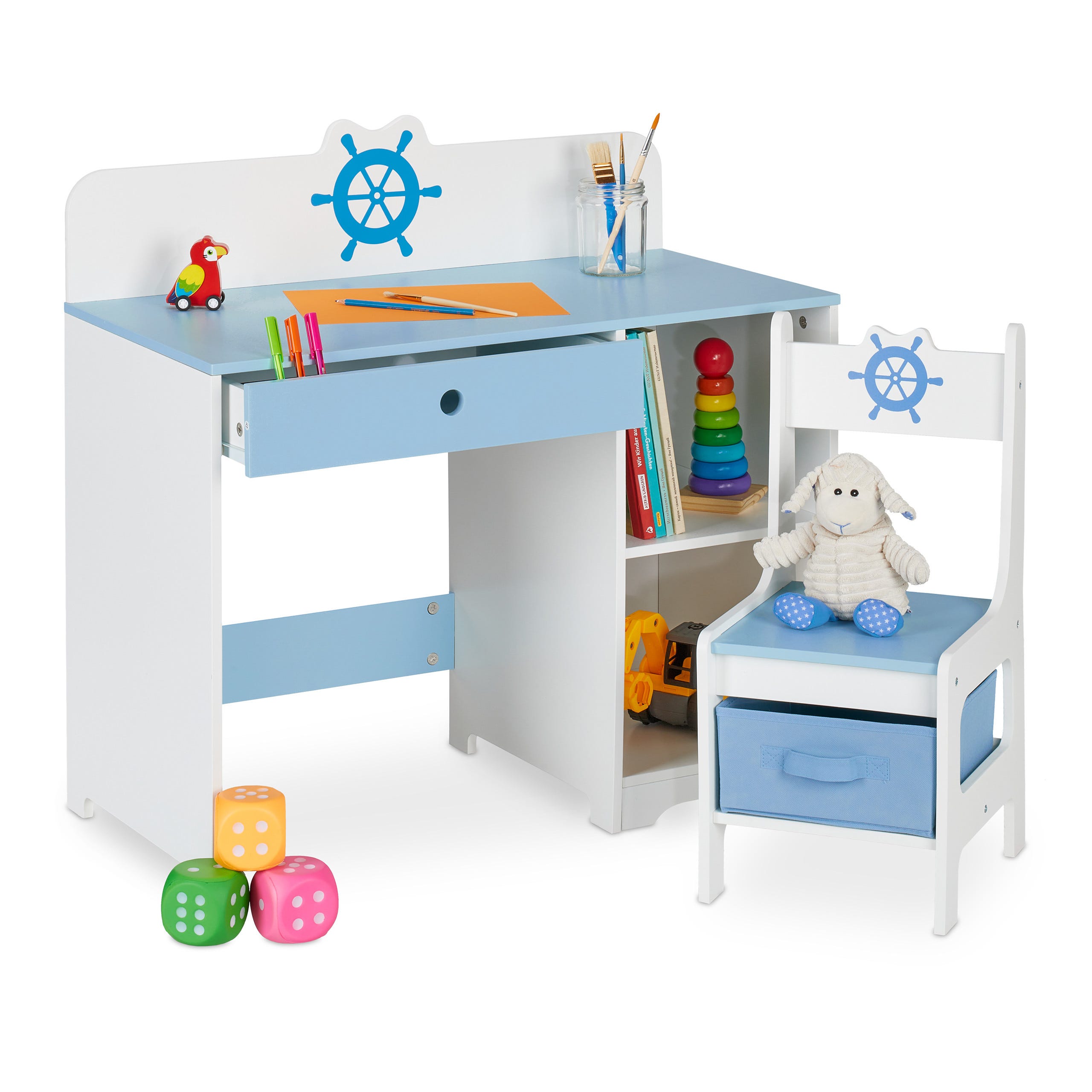 Relaxdays Bureau et chaise pour enfants, tiroir et 2 compartiments