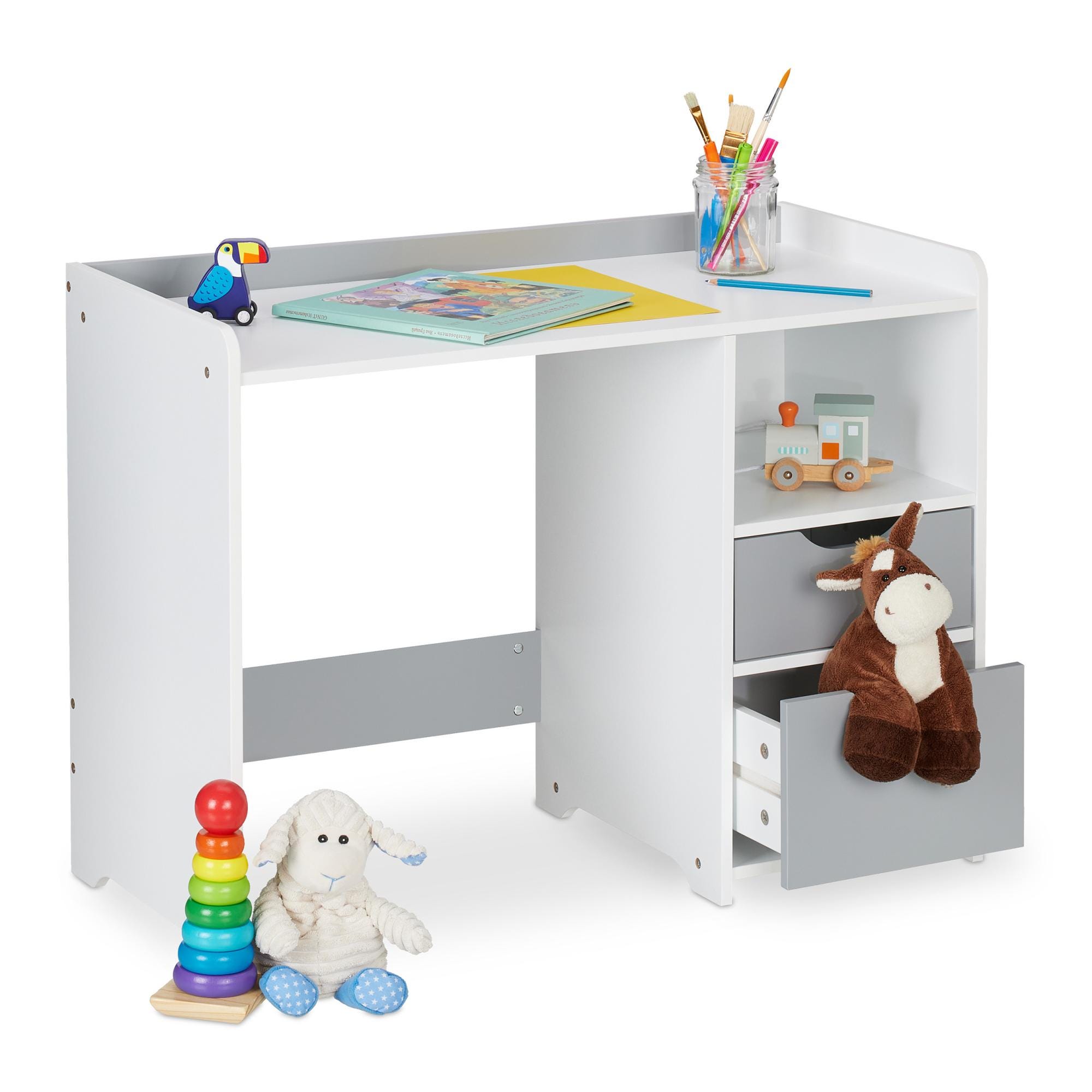 Scrivania E Sedia Bambini Relaxdays - Motivo Nave, Con Cassetto, MDF Bianco/Blu, 79.5x80x40 Cm - Foto 12