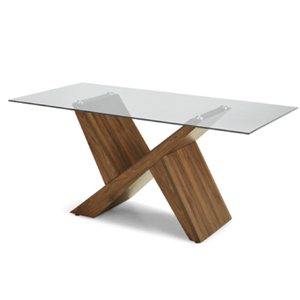 Tavolo con piano in vetro fumè e base effetto legno ZEFIRO TEAK